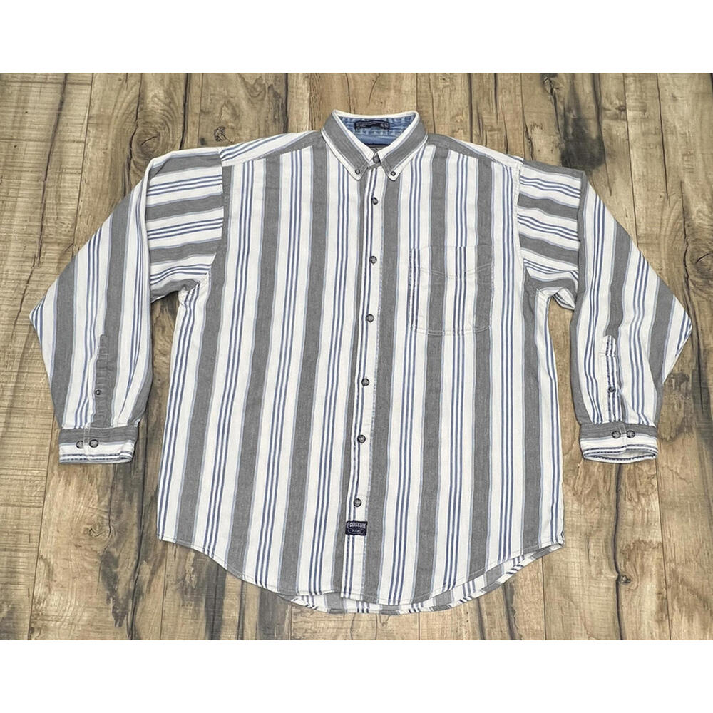 Vintage 90s Denim Chambray XL Blue White Stripe Button down Lightweight Boxy .